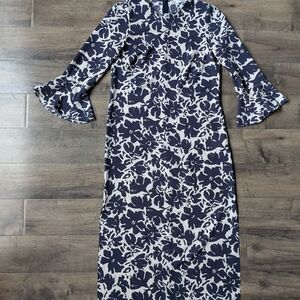 ZARA Made In Spain Navy Floral Midi Dress - Bell Sleeve Ruffle Cuff M
